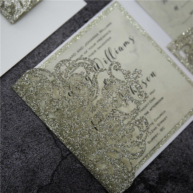 Champagne Gold Glitter Pocket fold Lasercut Wedding Invitation