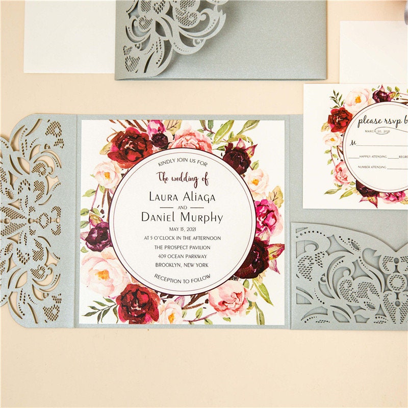 Silver Laser Cut Wedding Invitation with Floral Design