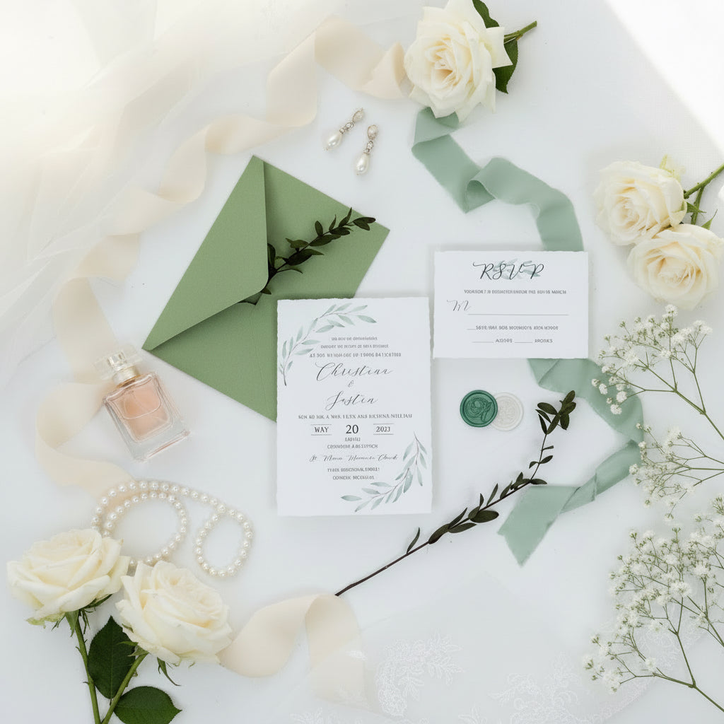Deckle Edge Green Wedding Invitation and RSVP with Wax Seal | Botanical Wedding Invite