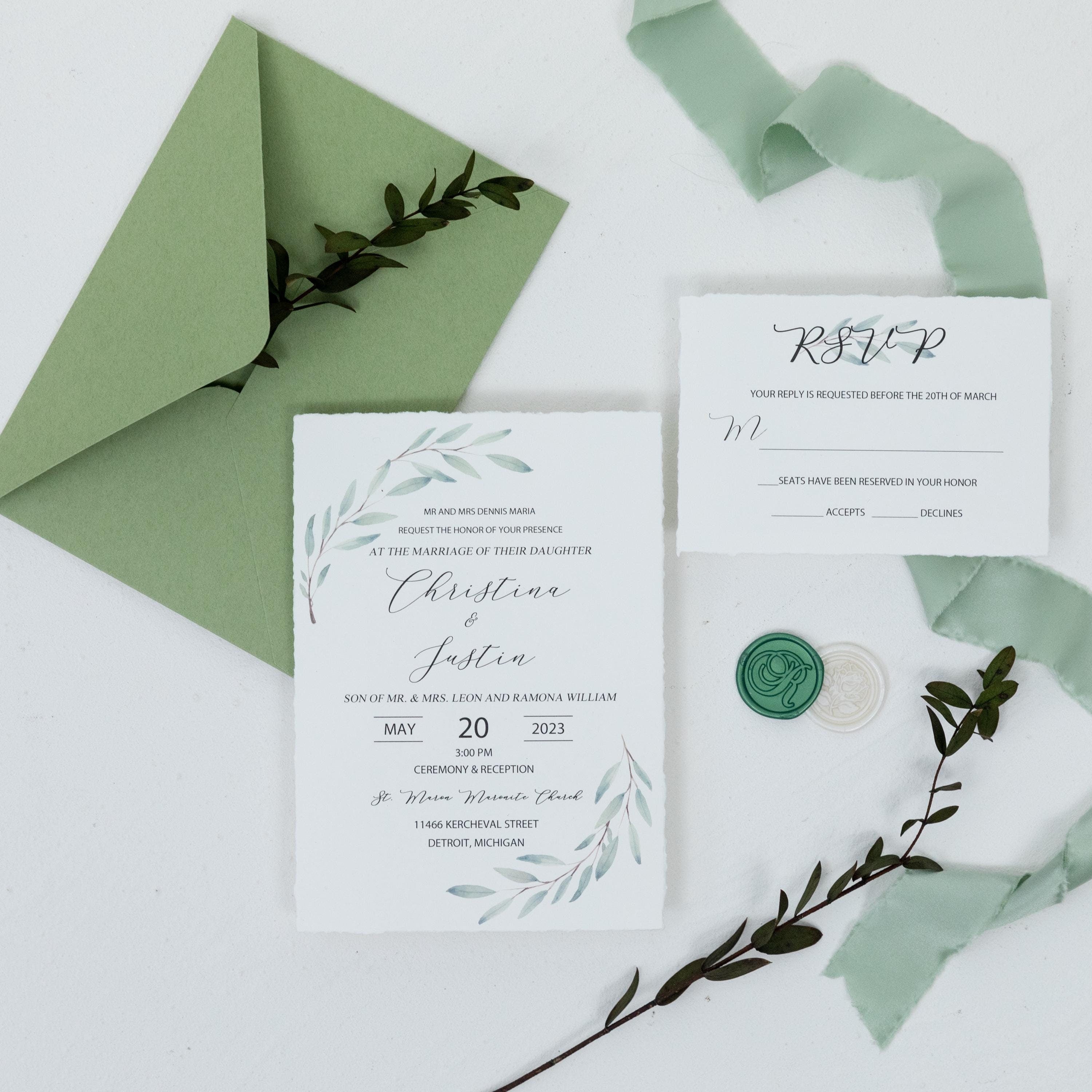 Deckle Edge Green Wedding Invitation and RSVP with Wax Seal | Botanical Wedding Invite