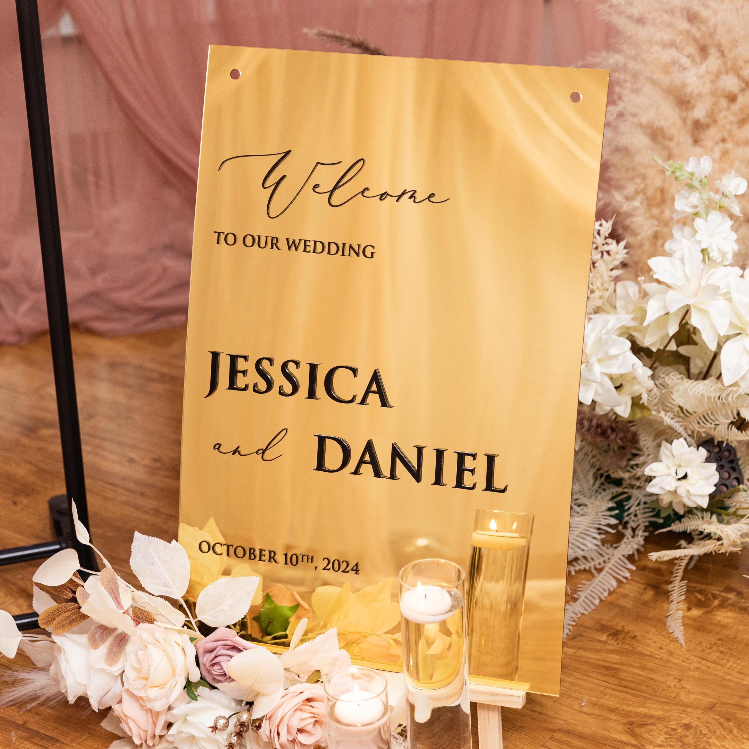 Gold Mirror Acrylic Wedding Welcome Sign, 3D Black Writing