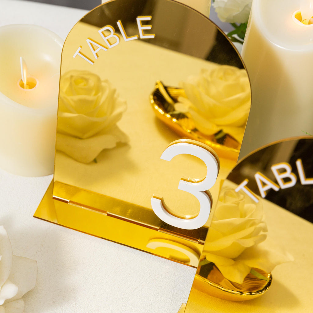 Arch Wedding Table Numbers and Names in Gold Mirror Acrylic and White 3D Letters