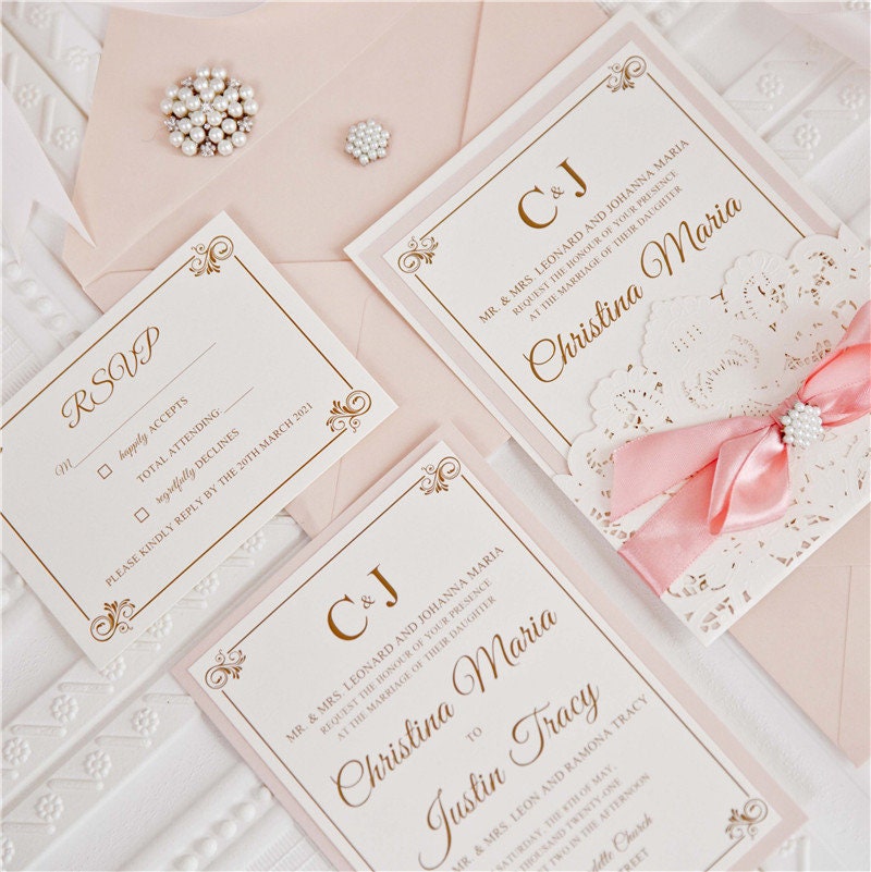 Laser Cut Ivory & Blush Wedding Invitation Suite