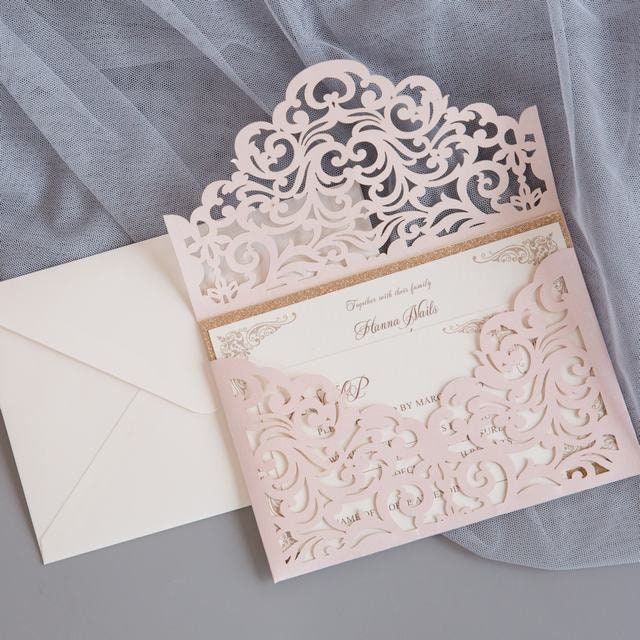 Blush Pink & Rose Gold Glitter Lasercut Envelope Wedding Invitation