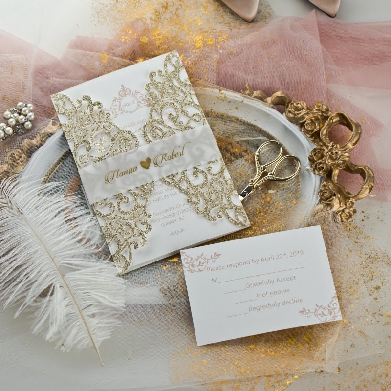 Champagne Gold Glitter Lasercut Gatefold Wedding Invitation with Vellum Belly Band & Gold Foiling