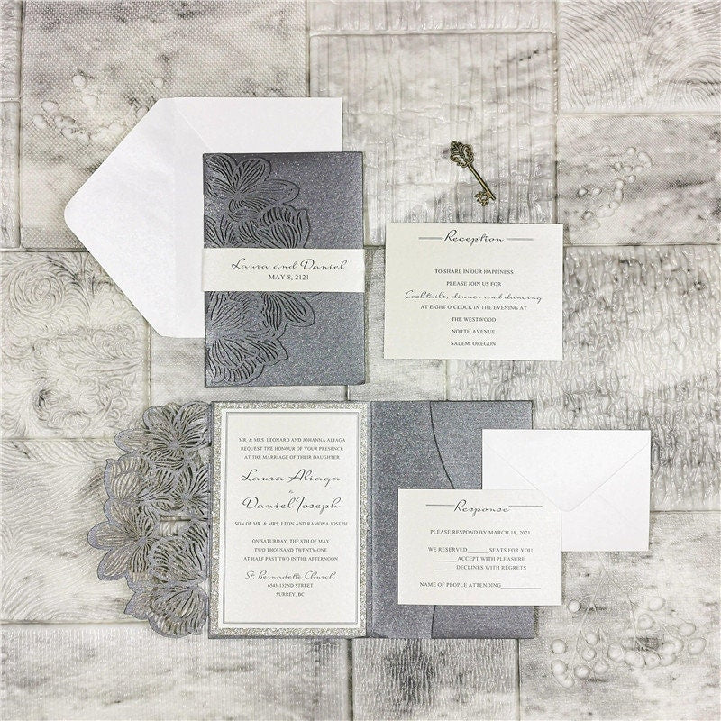 Laser Cut Wedding Invitation in Silver Grey Shimmer
