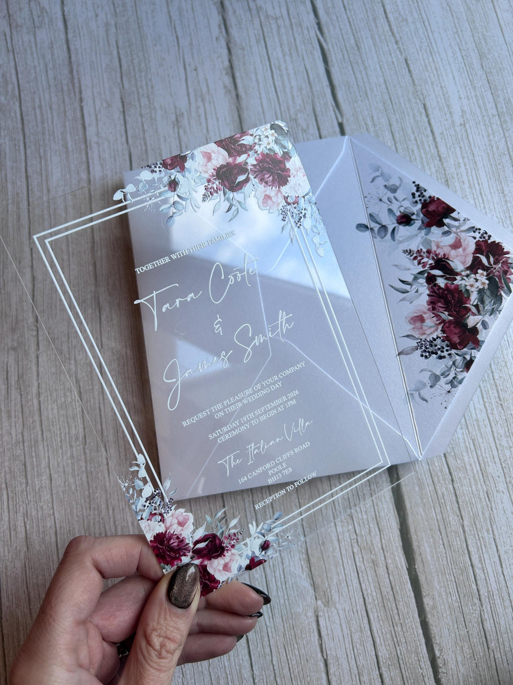 Acrylic Wedding Invitation with Wax Seal, Clear Floral Wedding Invite, Luxury Modern Wedding Stationery