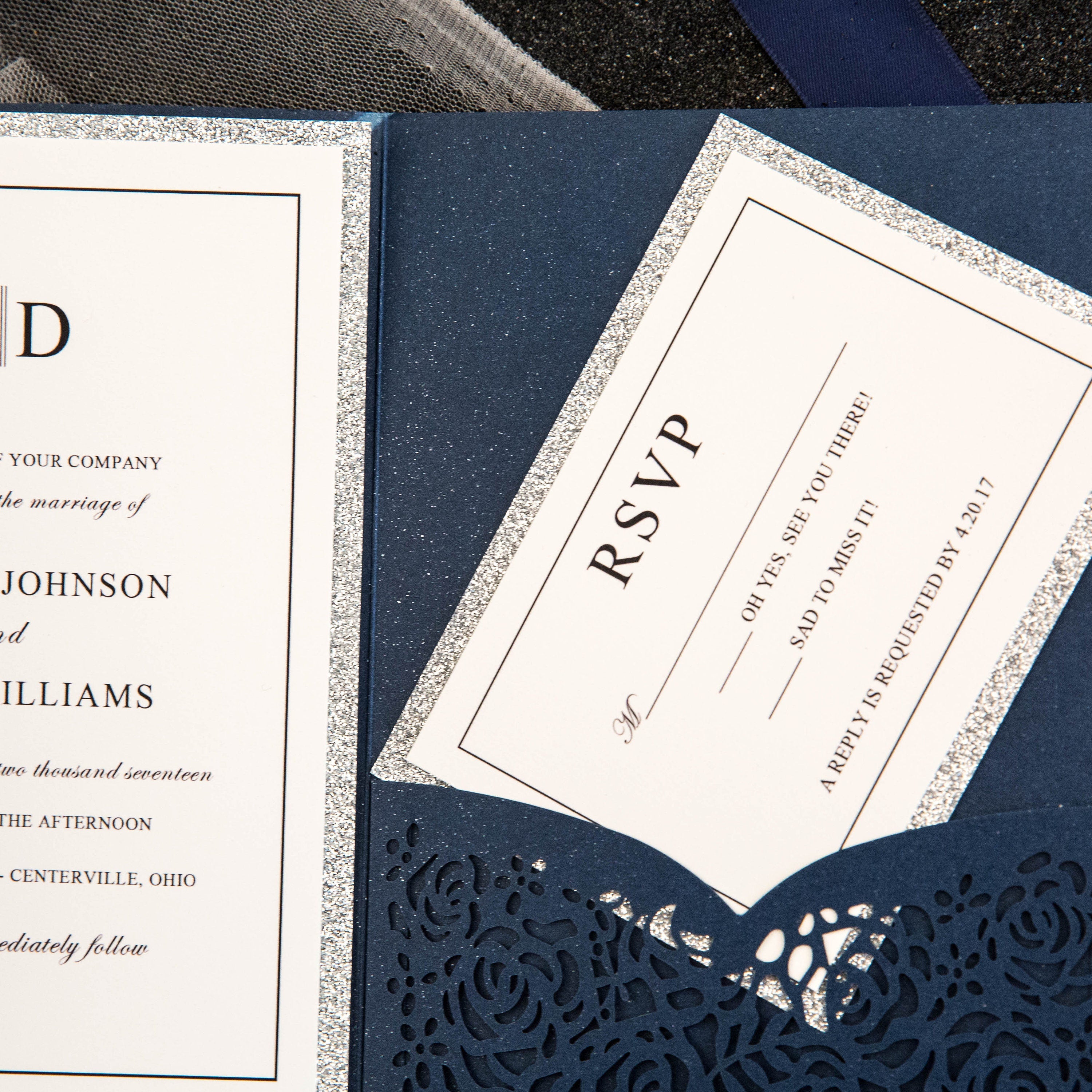 Navy & Silver Glitter Laser Cut Wedding Invitation Suite