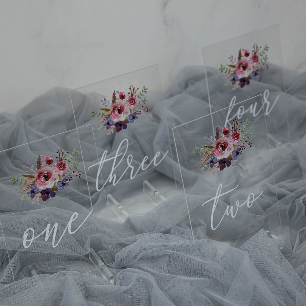Floral Acrylic Wedding Table Number, Painted Purple & Pink