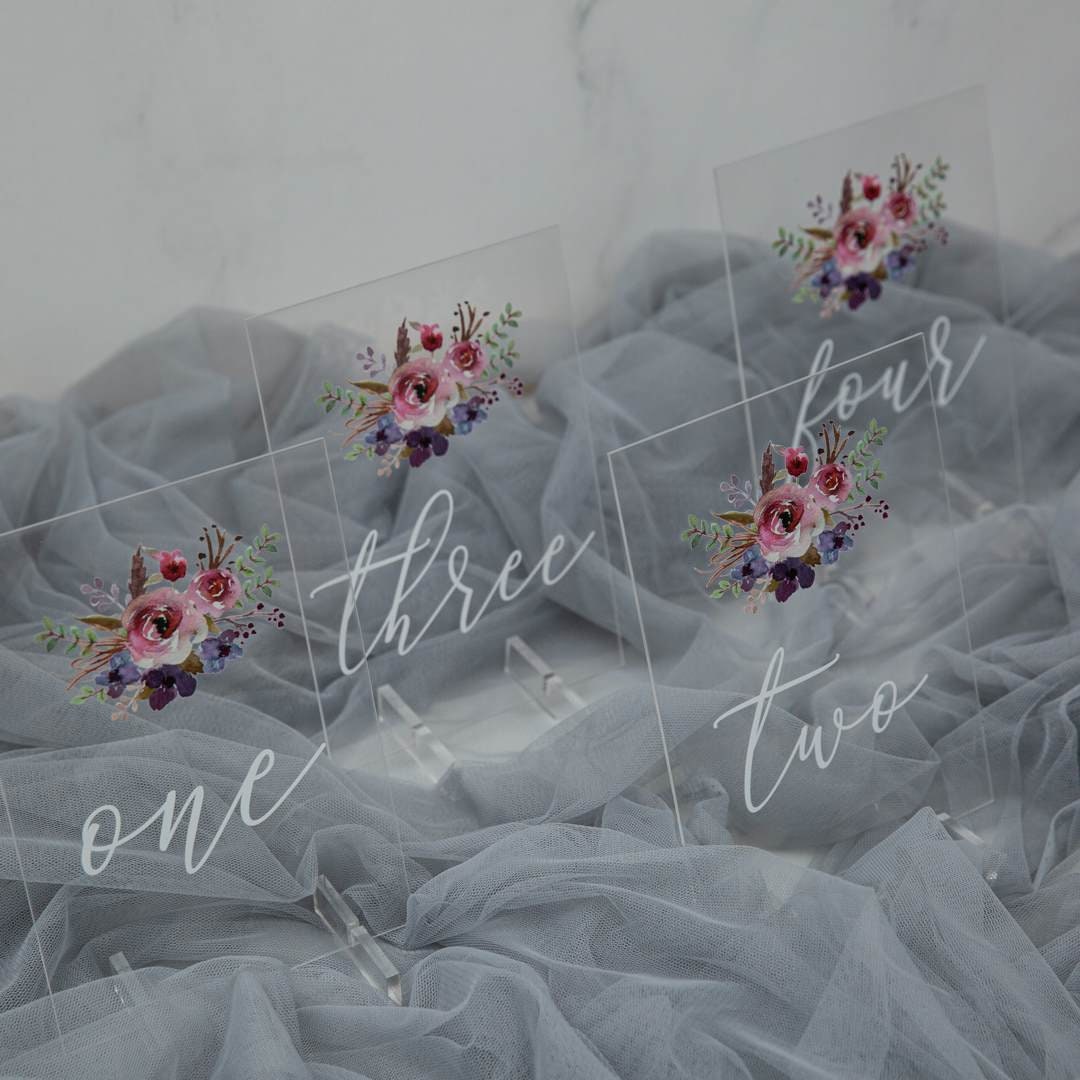 Floral Acrylic Wedding Table Number, Painted Purple & Pink