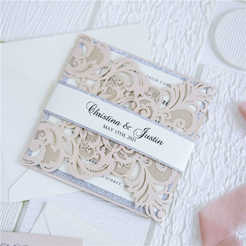 Blush Pink Laser Cut Wedding Invitation with Silver Glitter