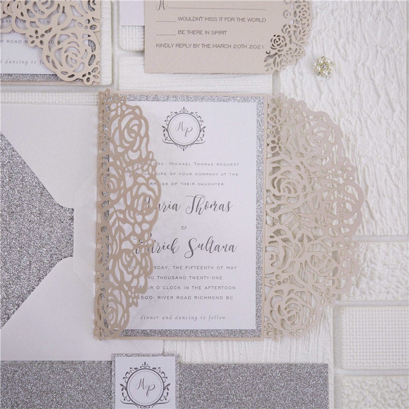 Blush & Silver Laser Cut Wedding Invitation, Glitter Belly Band