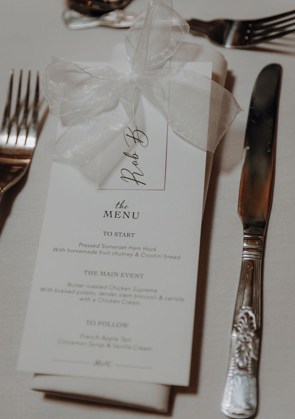 Modern Wedding Menu with Chiffon Bow & Guest Name