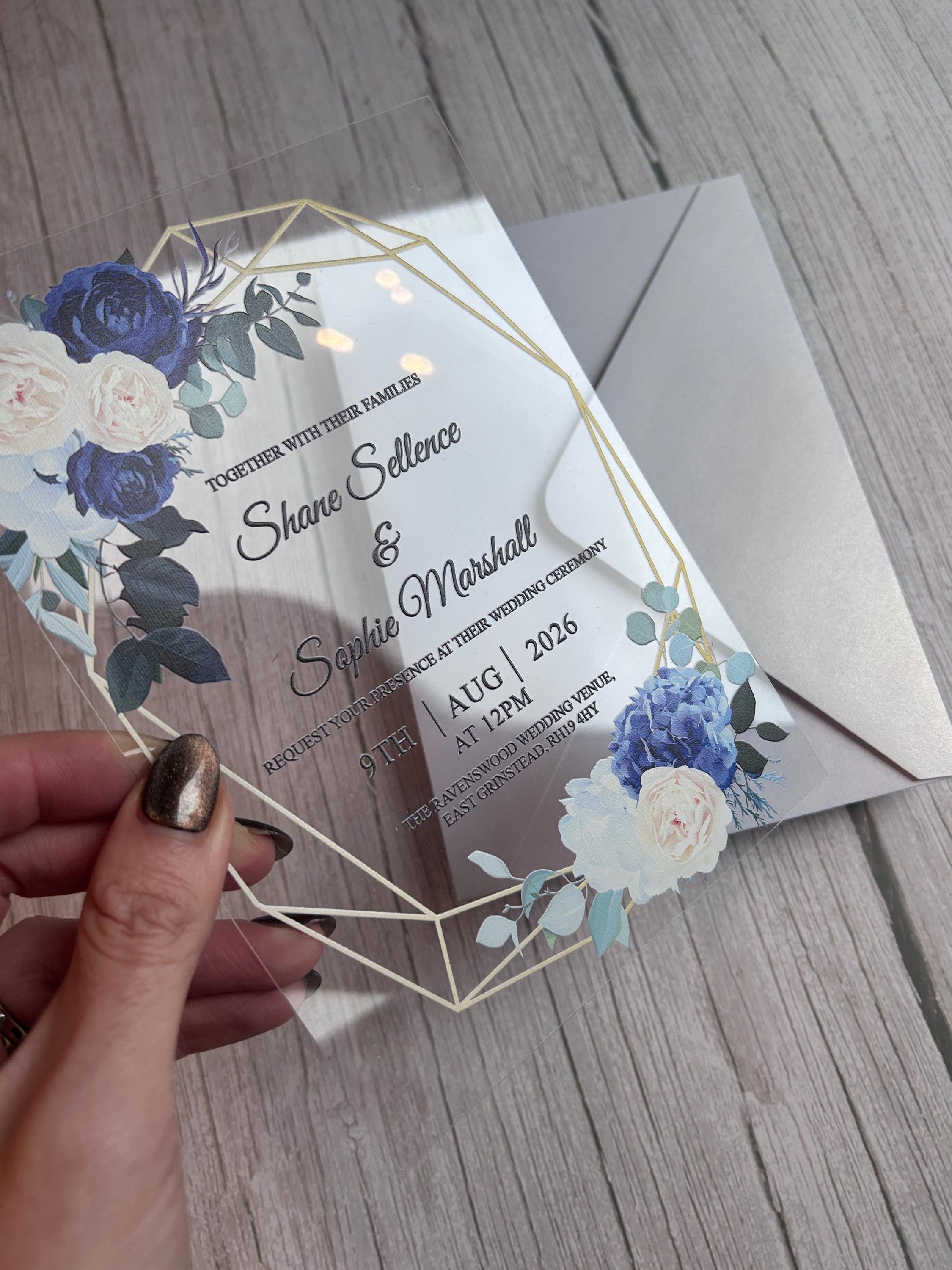 Clear Acrylic Wedding Invitation Suite, Navy & Ivory Floral Invite with Gold Geometric Frame, Luxury Modern Wedding Invitations