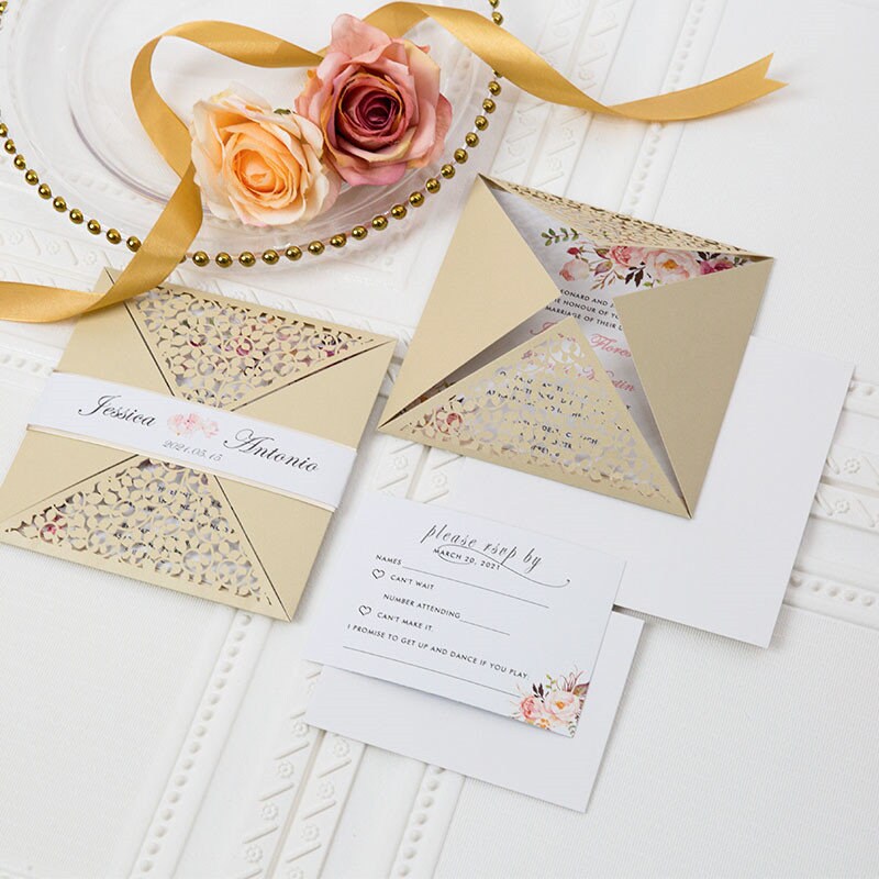 Laser Cut Floral Wedding Invitation Suite, Gold Shimmer