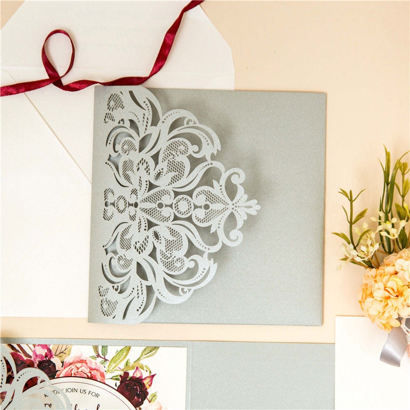 Silver Laser Cut Wedding Invitation with Floral Design