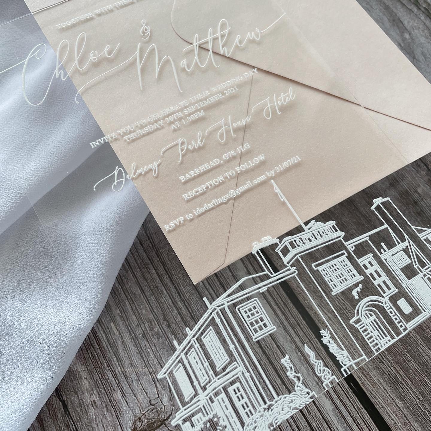 Clear Acrylic Wedding Invite with Venue Illustration, Blush Pink