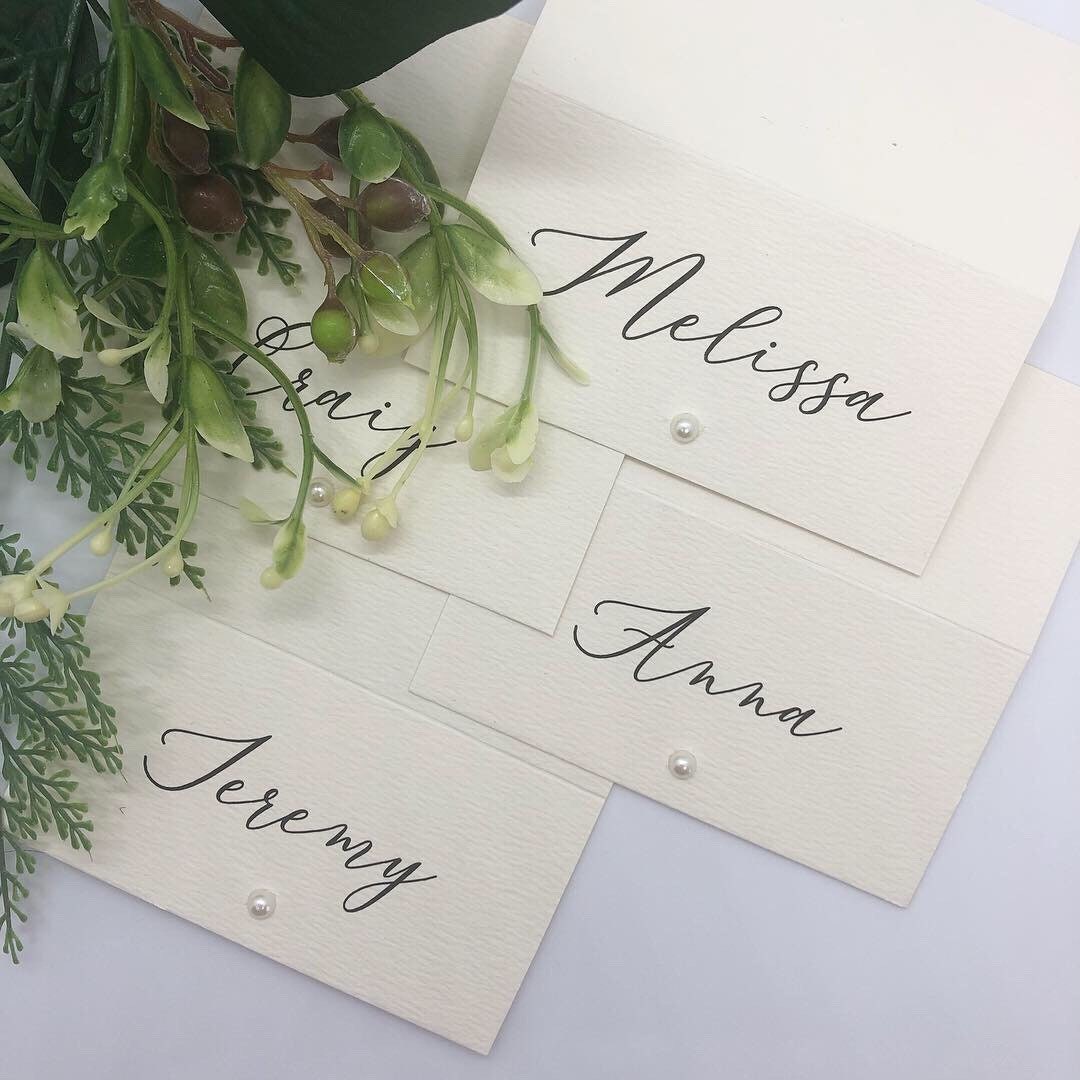 Pearl Wedding Place Card with Calligraphy Font