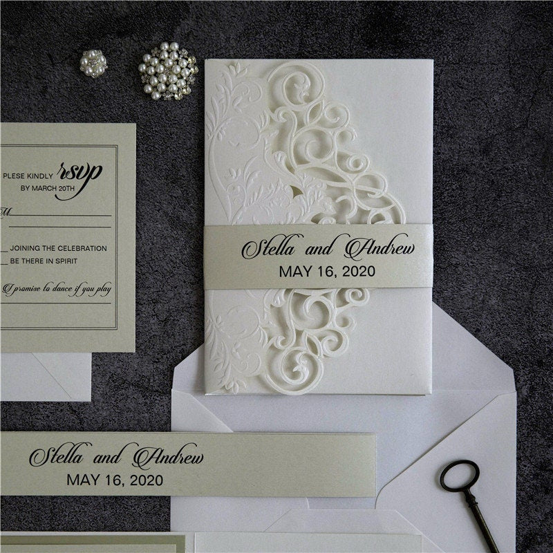 Laser Cut Wedding Invitation, Ivory Embossed Shimmer Card