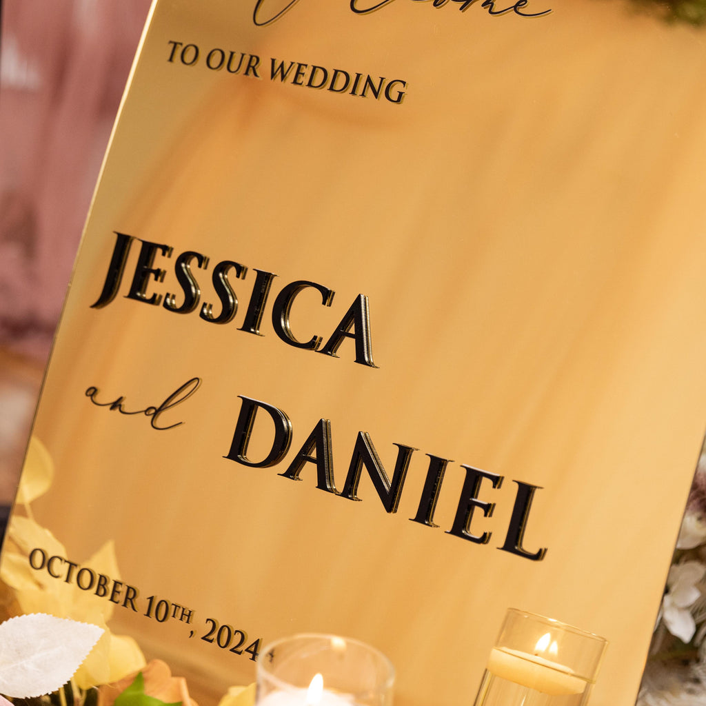Gold Mirror Acrylic Wedding Welcome Sign, 3D Black Writing