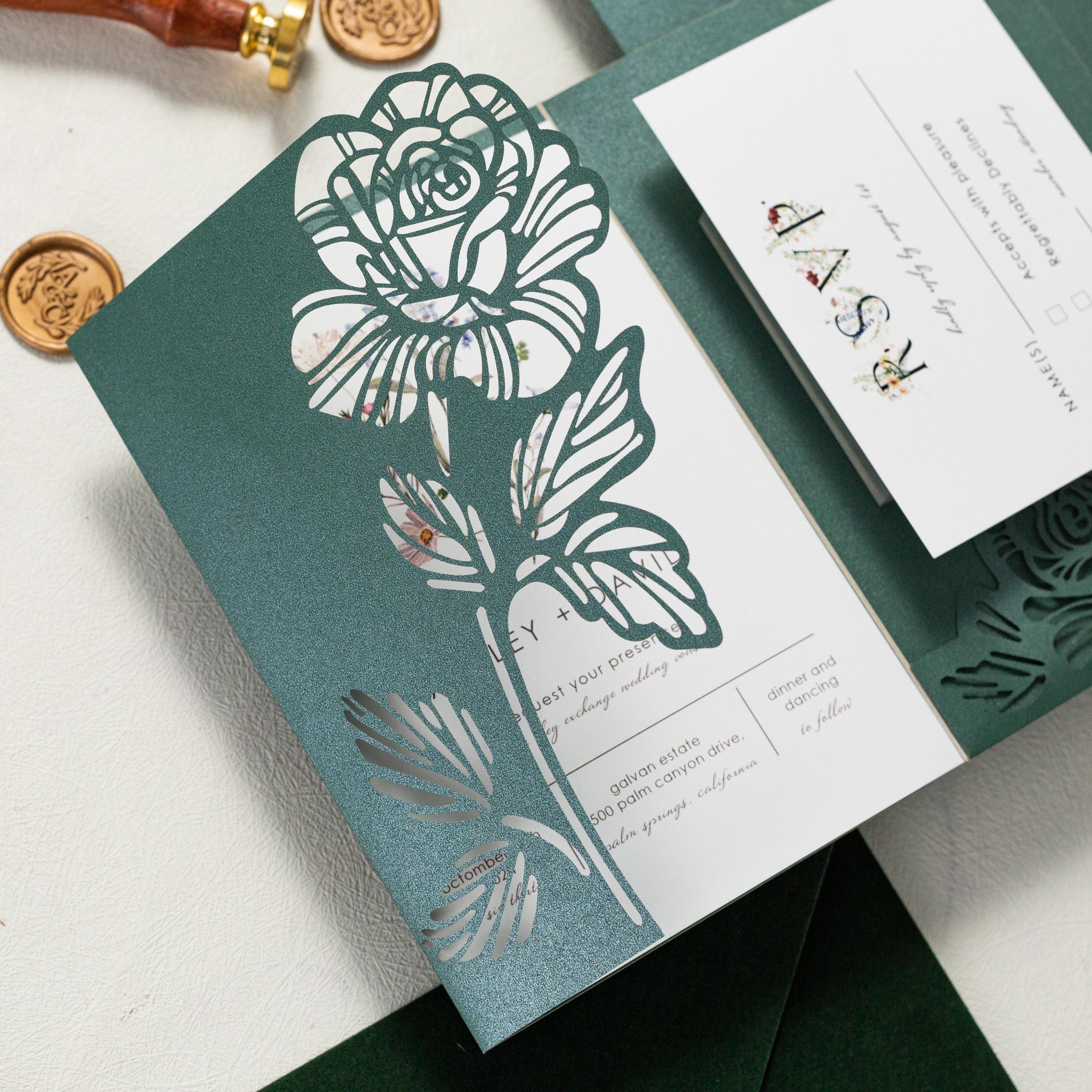 Floral Lasercut Pocketfold Wedding Invitation with Matching Inserts & Personalised Wax Seal with Velvet Envelope