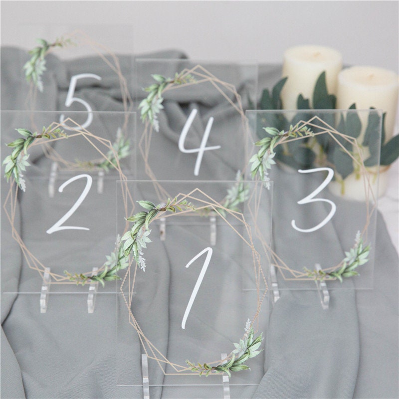Geometric Eucalyptus Acrylic Wedding Table Number, Boho Foliage