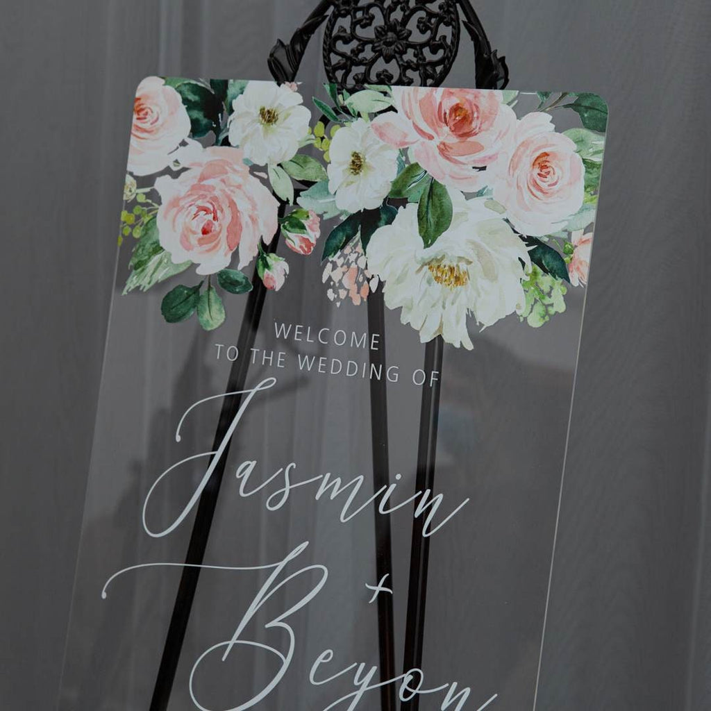 Blush Floral Acrylic Wedding Welcome Sign, Personalized Perspex Reception Decor