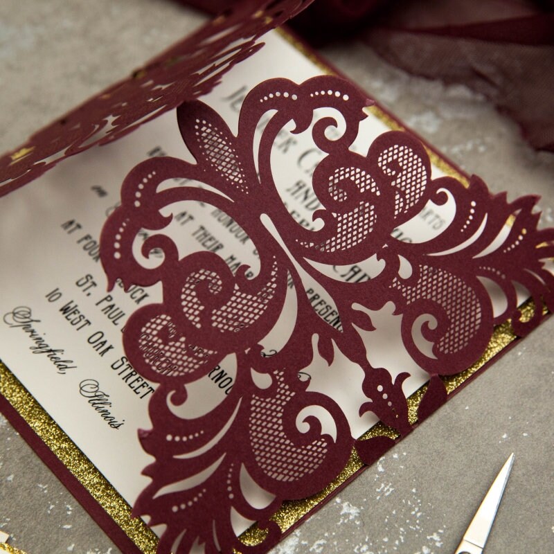 Burgundy & Gold Glitter Laser Cut Wedding Invitation Suite