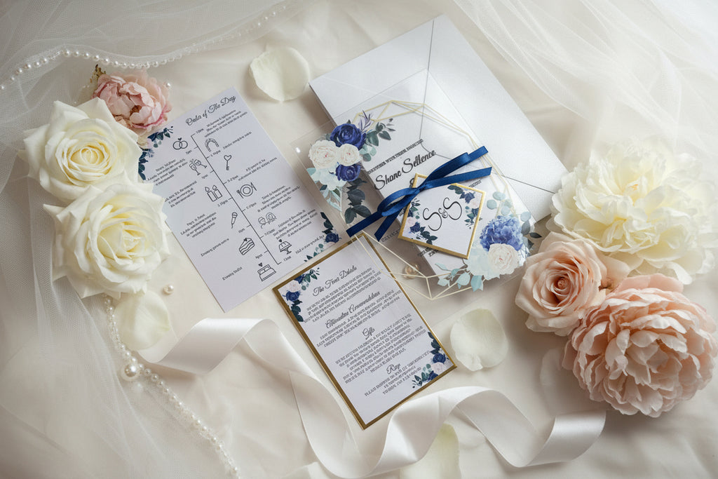 Clear Acrylic Wedding Invitation Suite, Navy & Ivory Floral Invite with Gold Geometric Frame, Luxury Modern Wedding Invitations