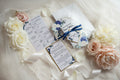 Clear Acrylic Wedding Invitation Suite, Navy & Ivory Floral Invite with Gold Geometric Frame, Luxury Modern Wedding Invitations