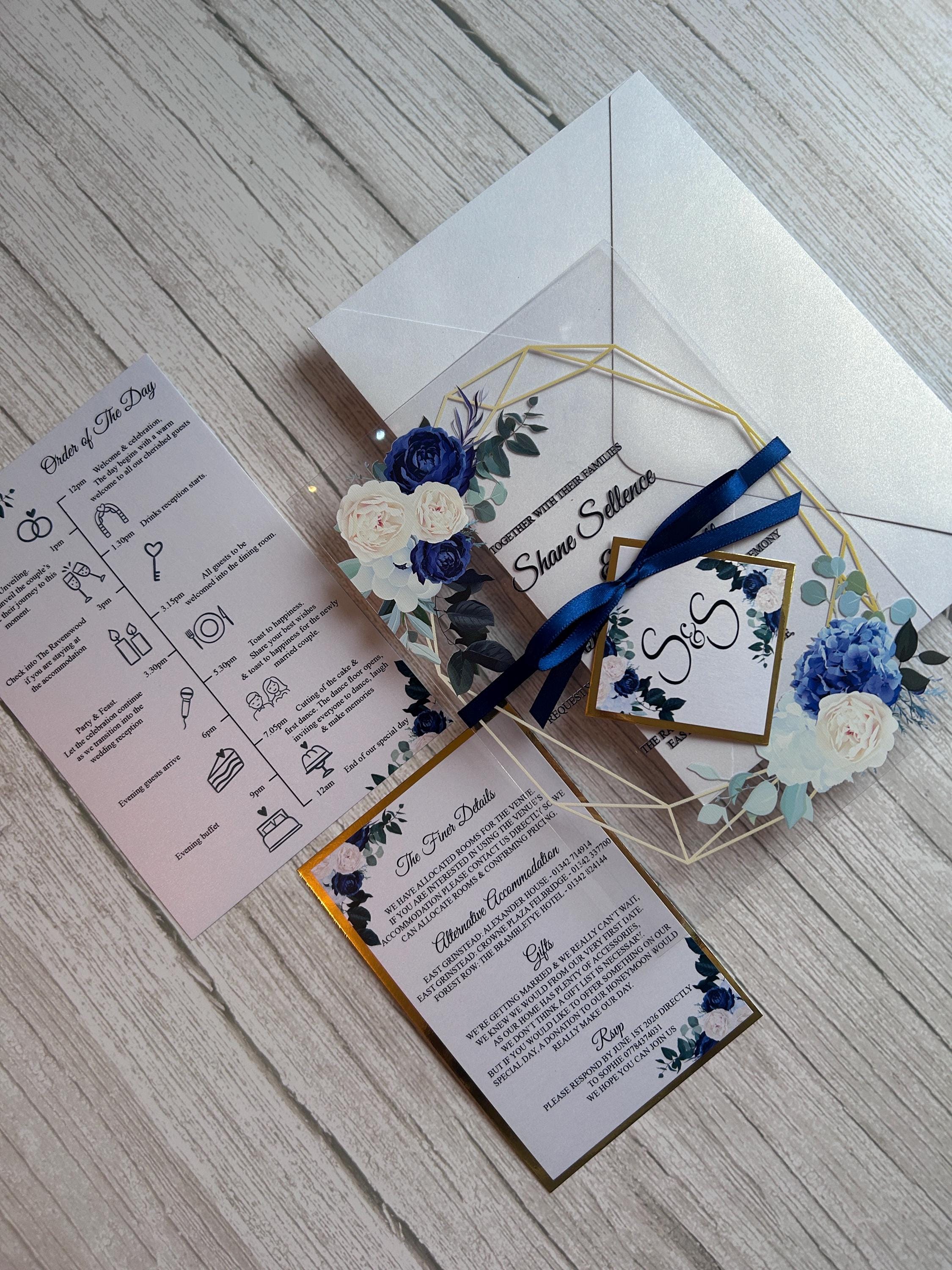Clear Acrylic Wedding Invitation Suite, Navy & Ivory Floral Invite with Gold Geometric Frame, Luxury Modern Wedding Invitations