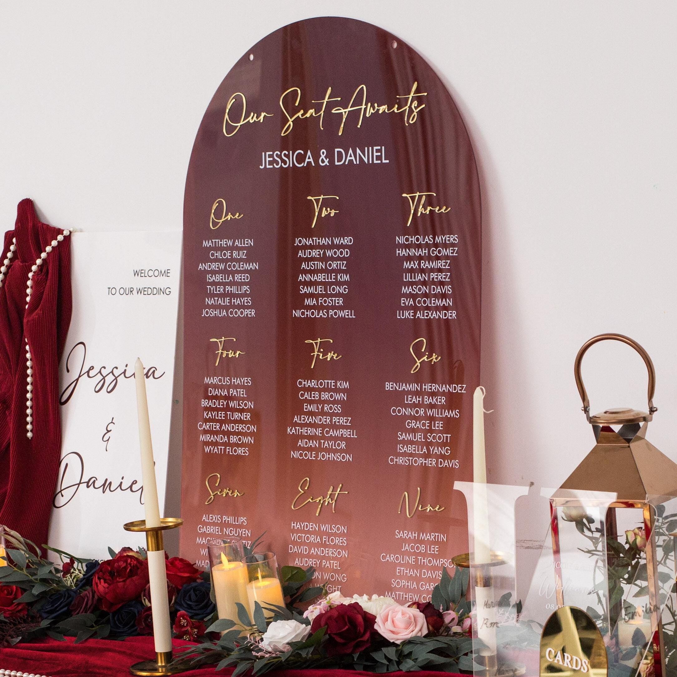 Burgundy Red Ombre Acrylic Wedding Table Plan with Gold Acrylic Mirror Lettering
