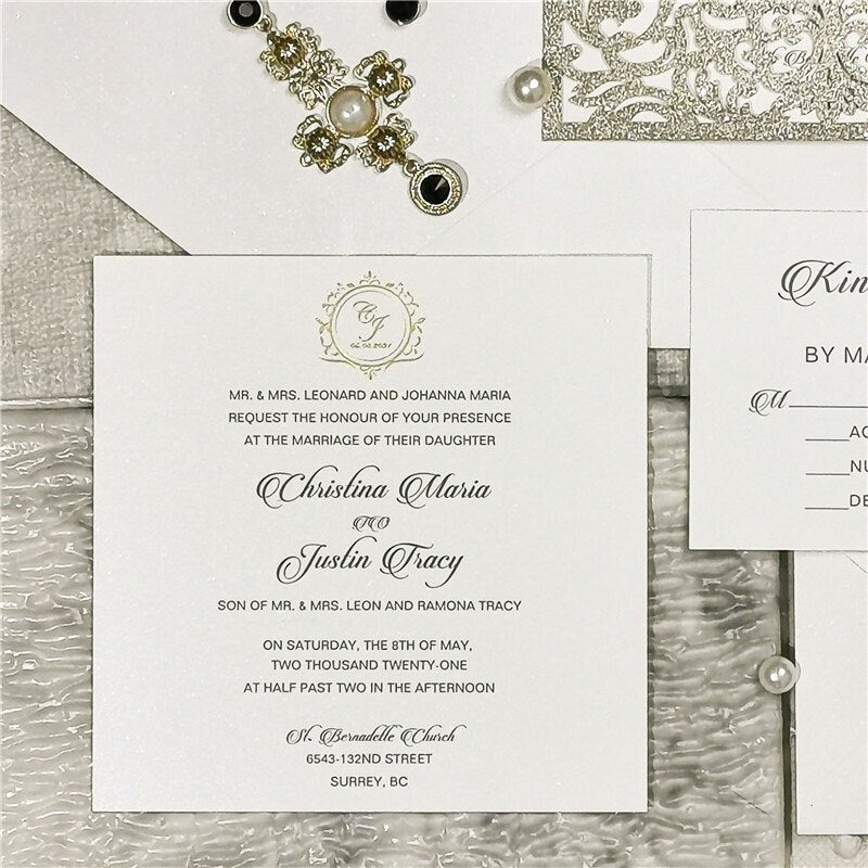 Champagne Gold Pocket Wedding Invitation with Gold Foiled Motif Detailing