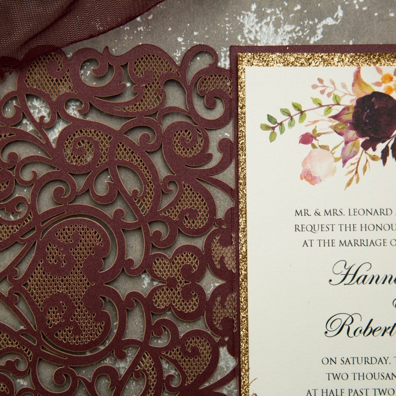 Burgundy Floral Lasercut Pocketfold Wedding Invitation with Gold Glitter Belly Band