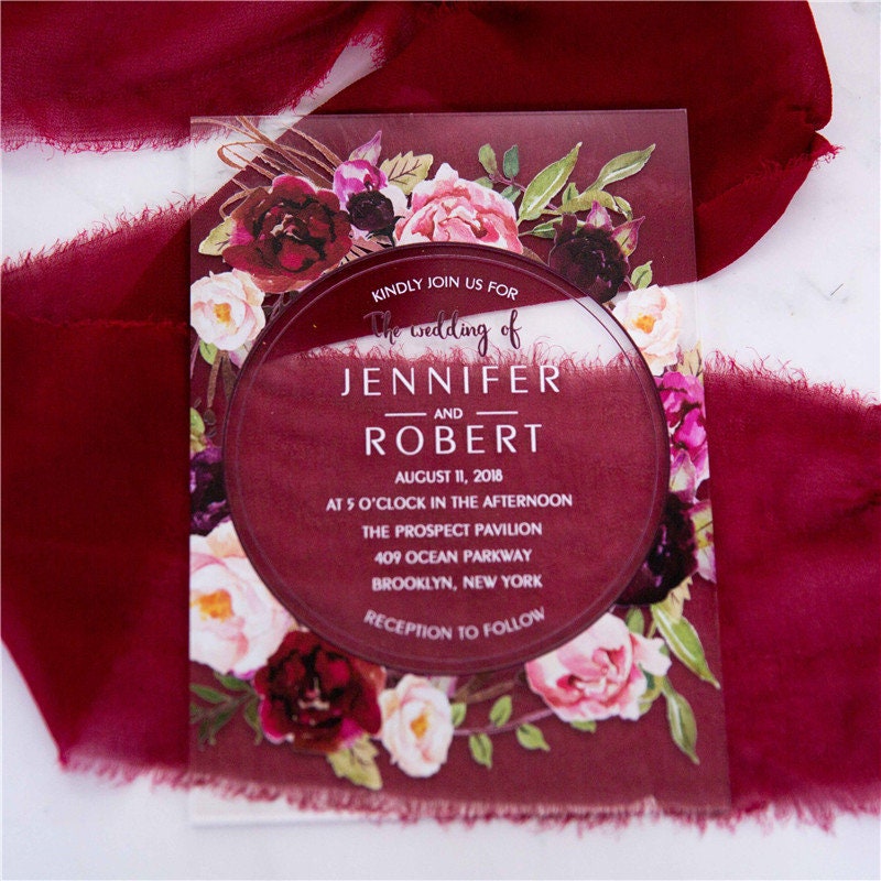 Acrylic Clear Burgundy Red Floral Wreath Wedding Invitation