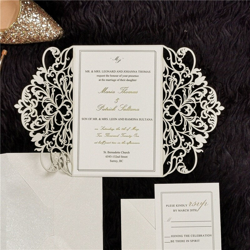 Rose Gold Glitter & White Delicate Lasercut Gatefold Wedding Invite
