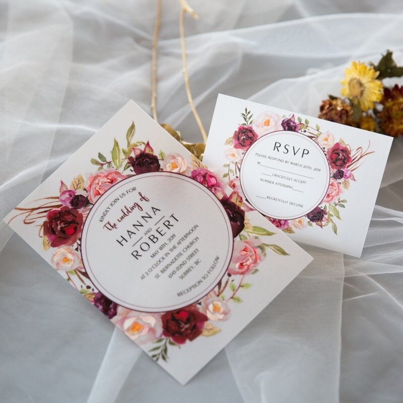 UV Printed Floral Wedding Invitation, Burgundy & Peach