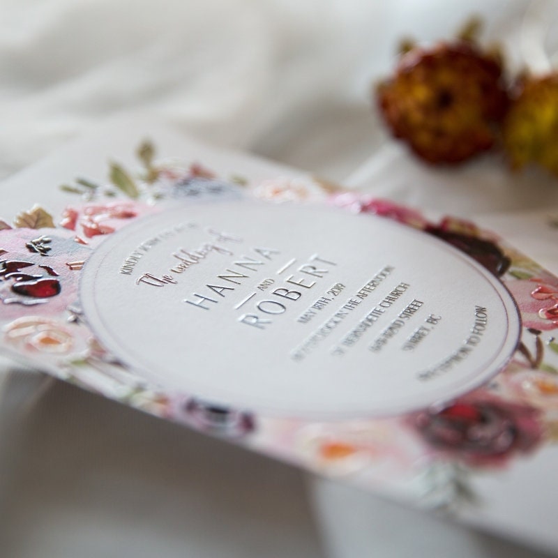 UV Printed Floral Wedding Invitation, Burgundy & Peach