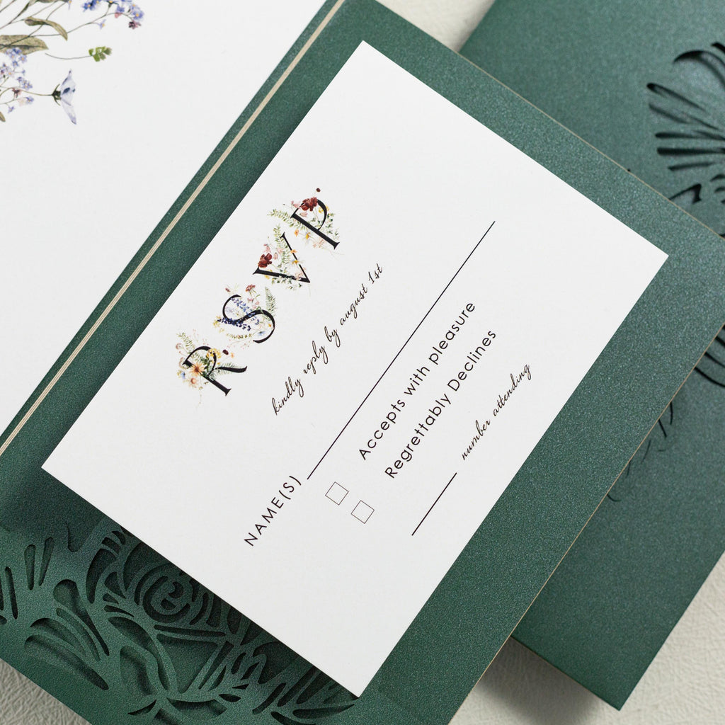Floral Lasercut Pocketfold Wedding Invitation with Matching Inserts & Personalised Wax Seal with Velvet Envelope