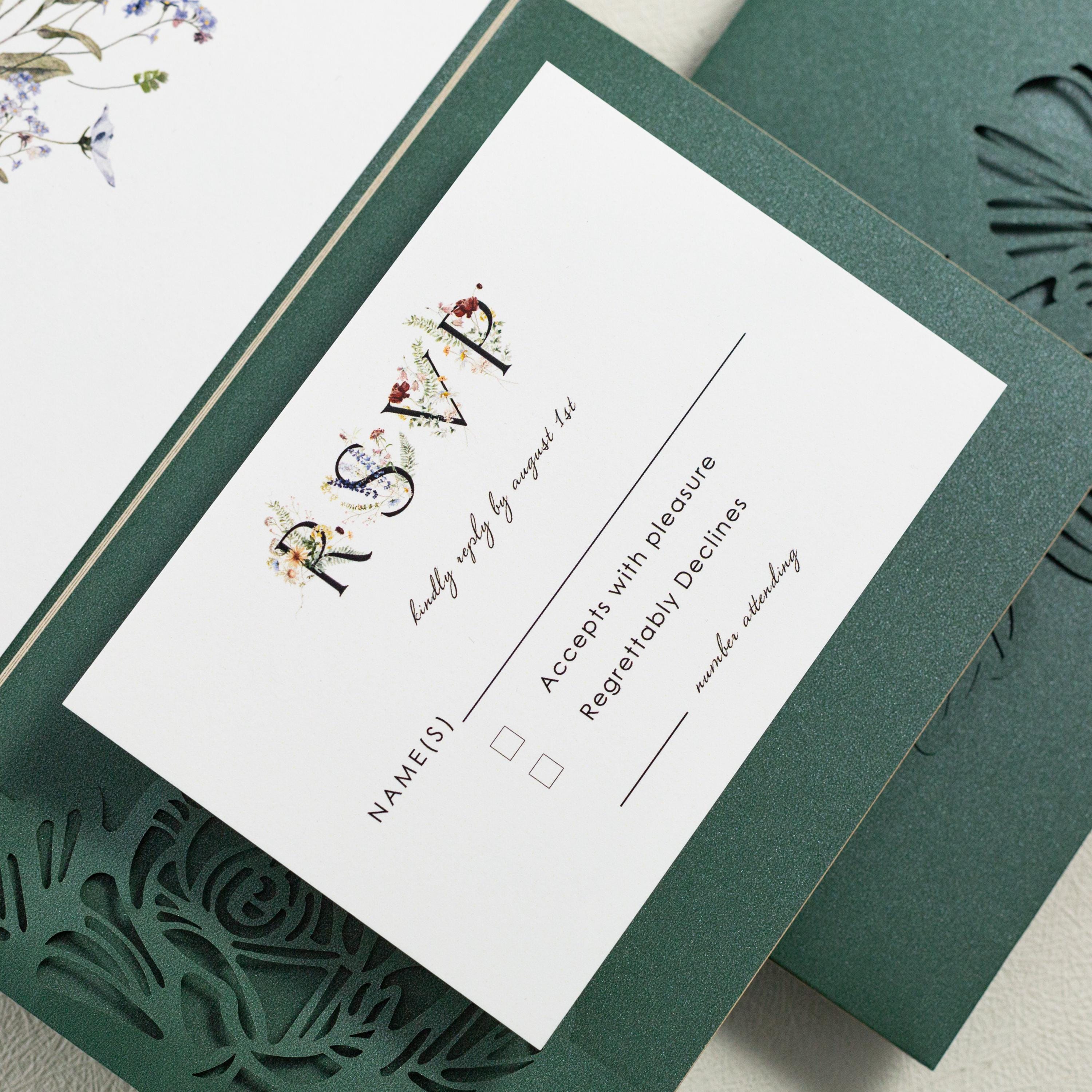 Emerald Green Laser Cut Wedding Invitation, Floral Velvet Envelope, Gold Wax Seal