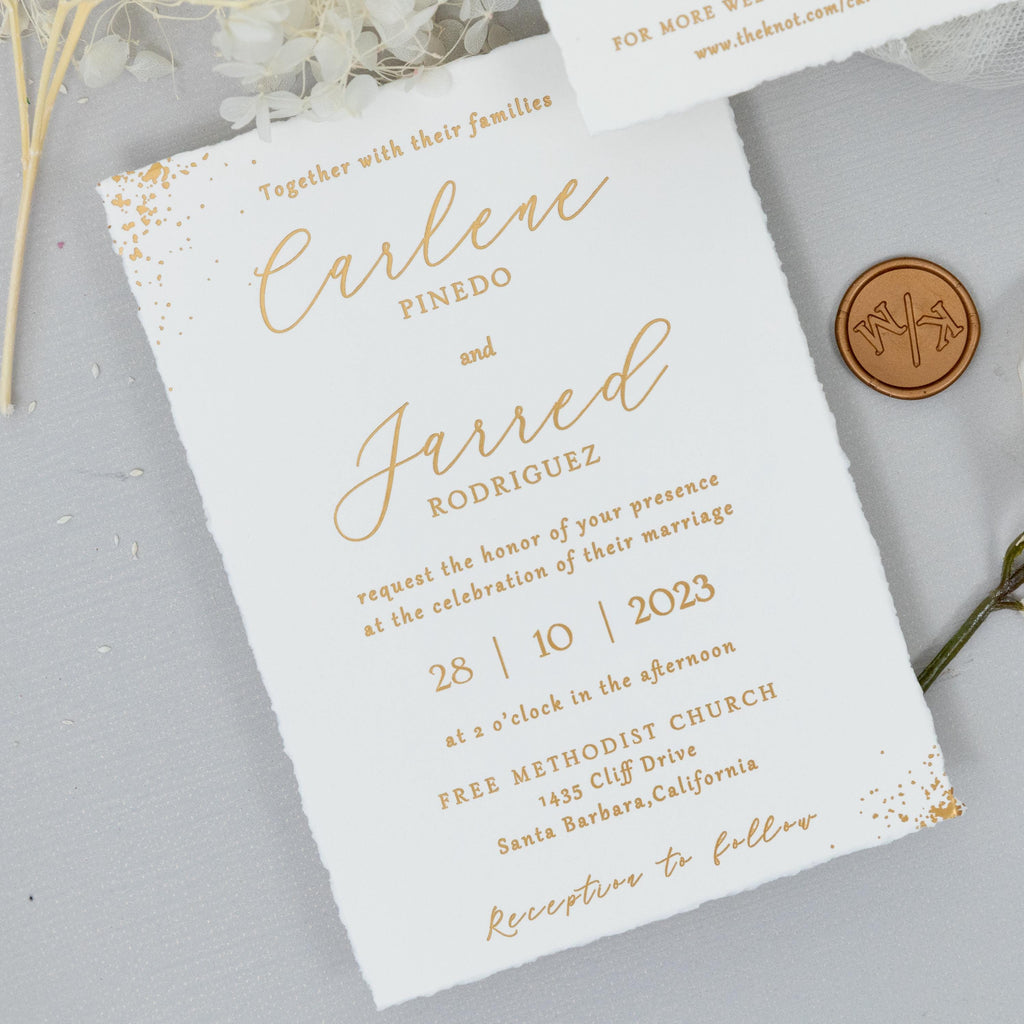 Gold Foiled Deckle Edge Wedding Invitation | RSVP & Wax Seal