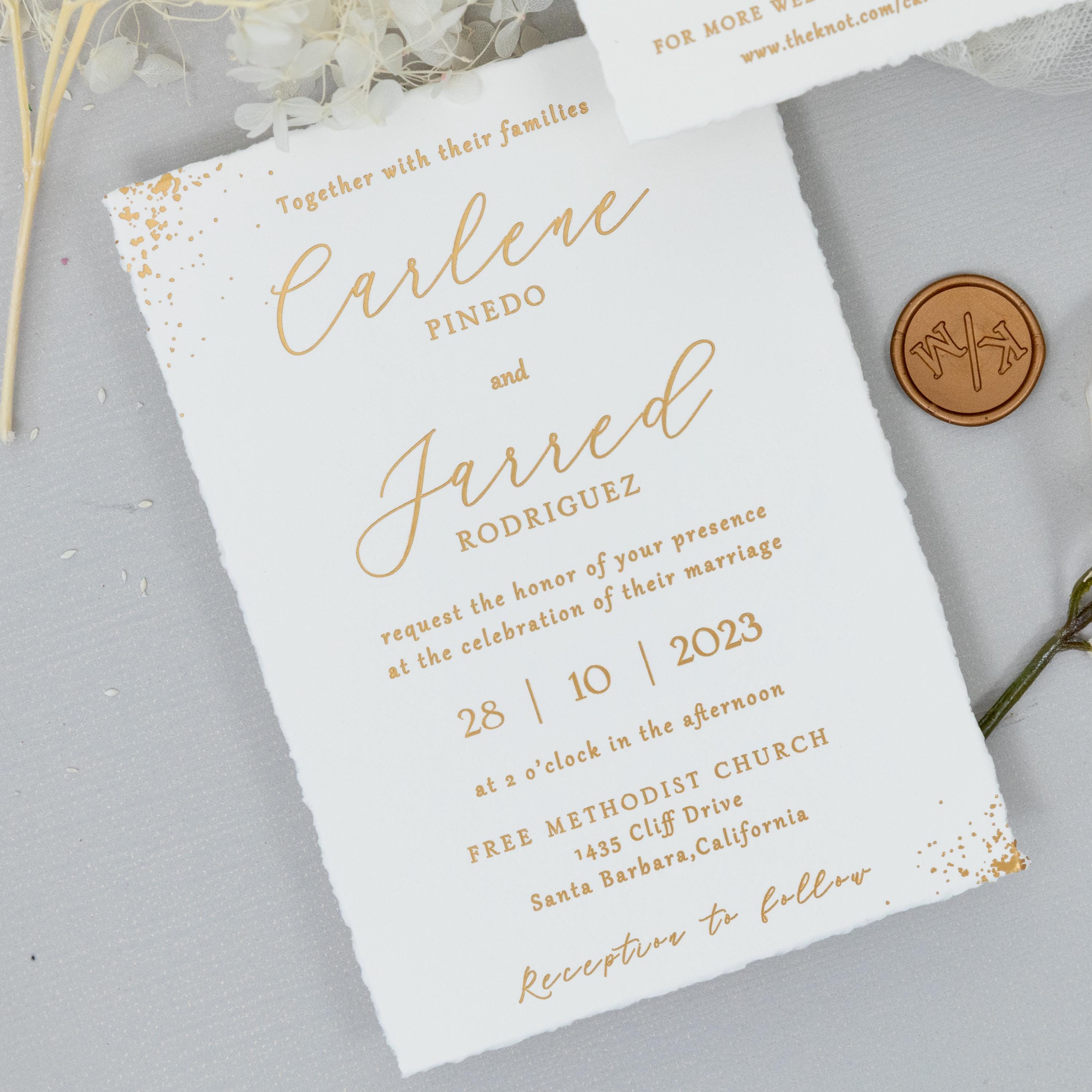 Gold Foiled Deckle Edge Wedding Invitation | RSVP & Wax Seal