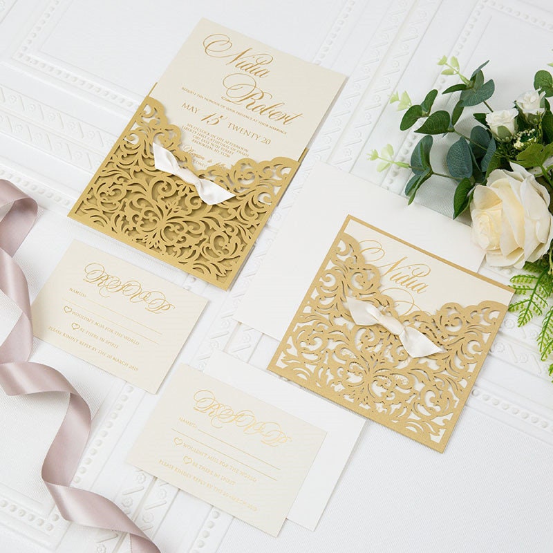 Gold Pocket Wedding Invitation with Gold Foiling Detailing and Ivory Ribbon Finish