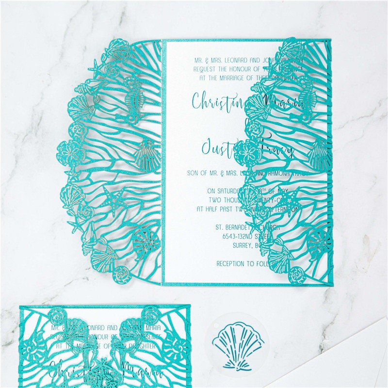 Beach Shell Laser Cut Wedding Invitation, Teal Shimmer