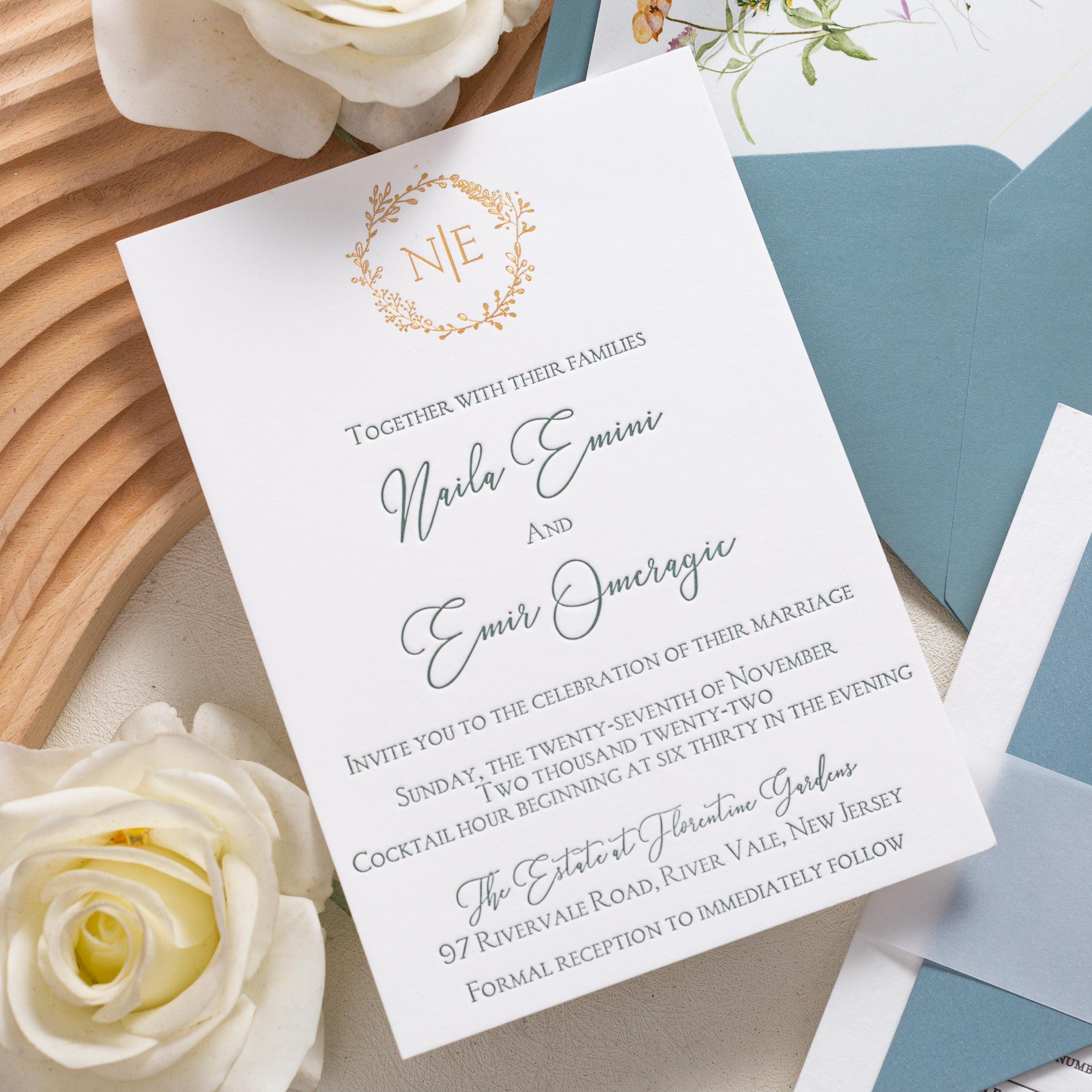 Luxury Letterpress wedding invite with foiled emblem, vellum bellyband and blue envelope | Wedding Invitation