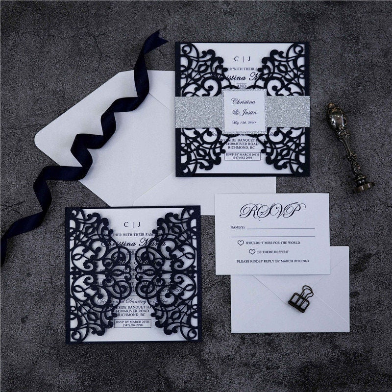 Navy Lasercut Gatefold Wedding Invitation with Silver Glitter Belly Band