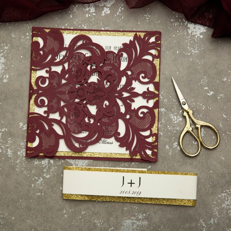 Burgundy & Gold Glitter Laser Cut Wedding Invitation Suite