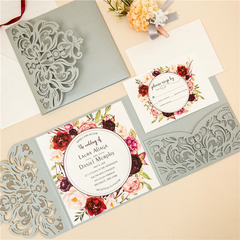 Silver Laser Cut Wedding Invitation with Floral Design