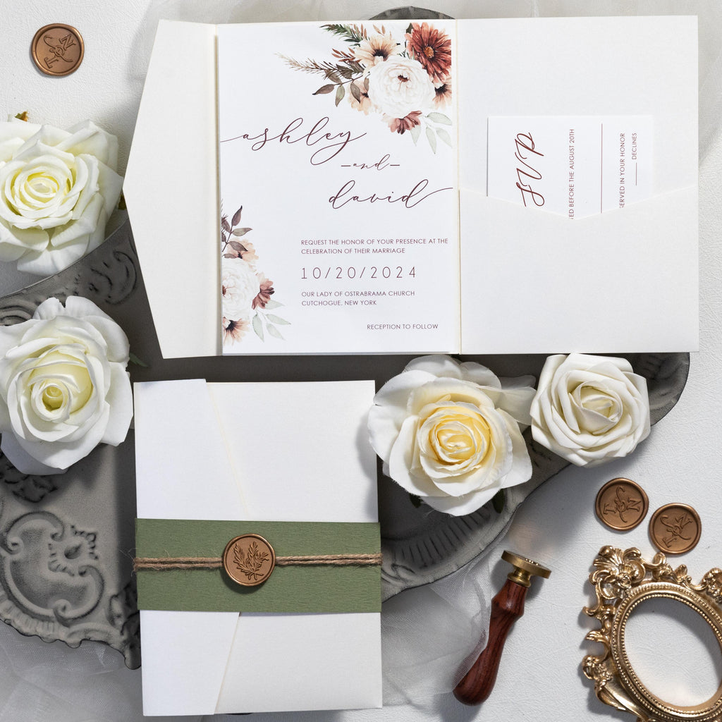 Rustic Autumn Floral Wedding Invitation | Twine & Wax Seal Pocketfold