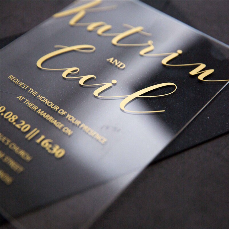 Acrylic Gold Wedding Invitation, Clear Perspex Invite